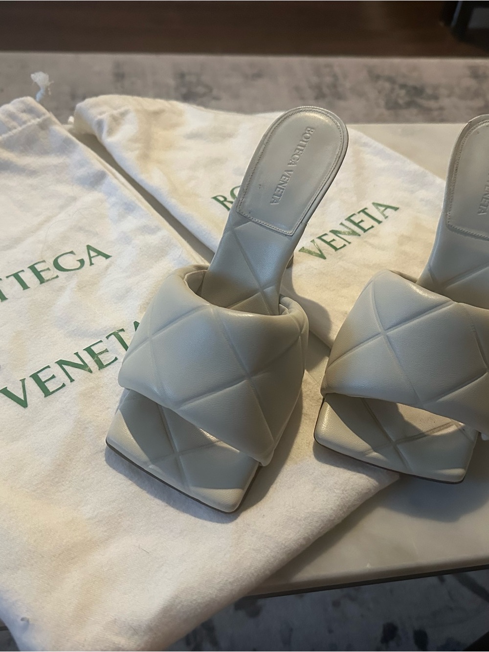 Bottega Veneta Padded Square-Toe Slide Sandals in Light Cream - Size 39.5